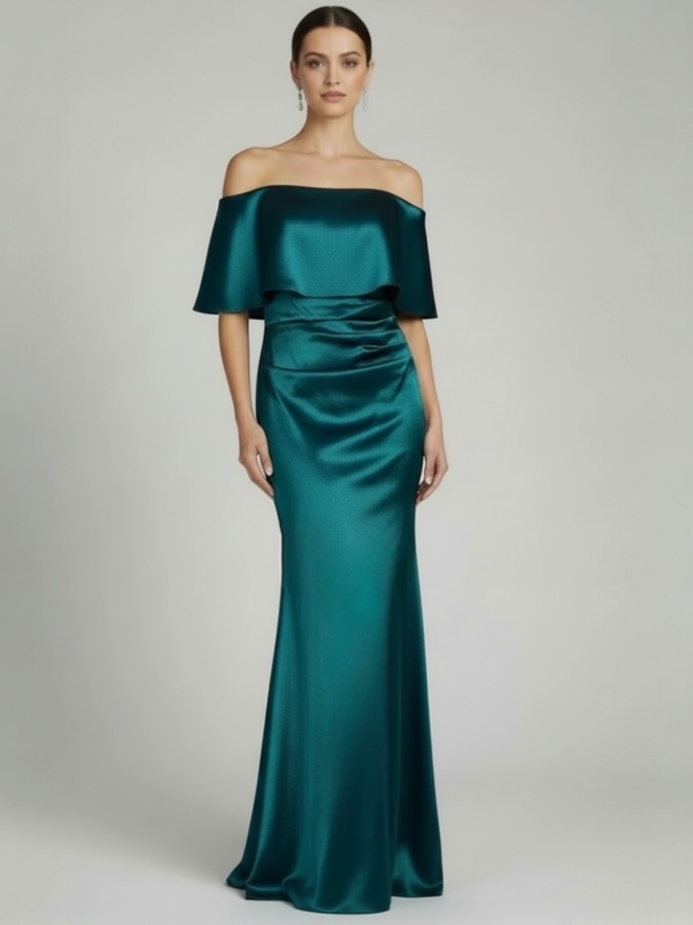 Vince Camuto Teal Off the Shoulder Taffeta Mermaid Train Formal Evening Dress 6